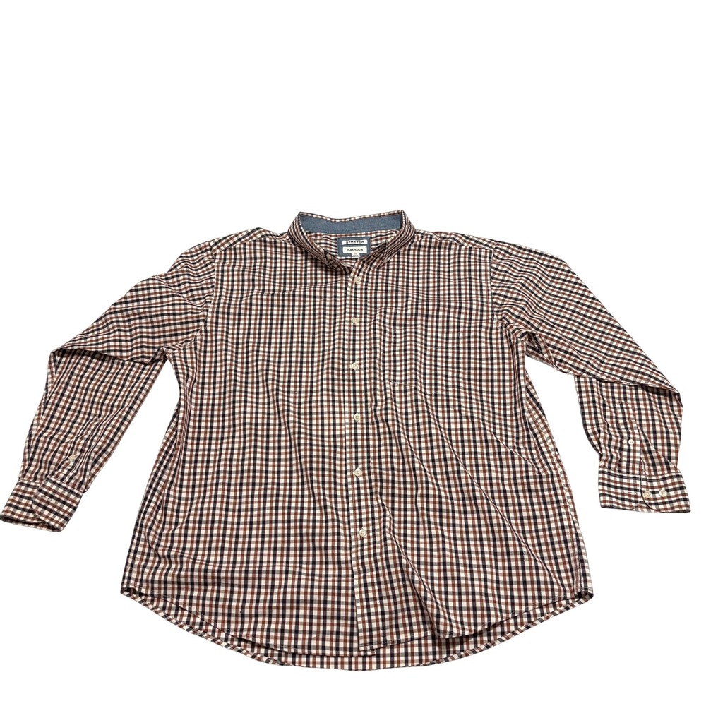 Haggar Button Down Shirt Mens XXL Brown Plaid Excellent Stretch Long Sleeve
